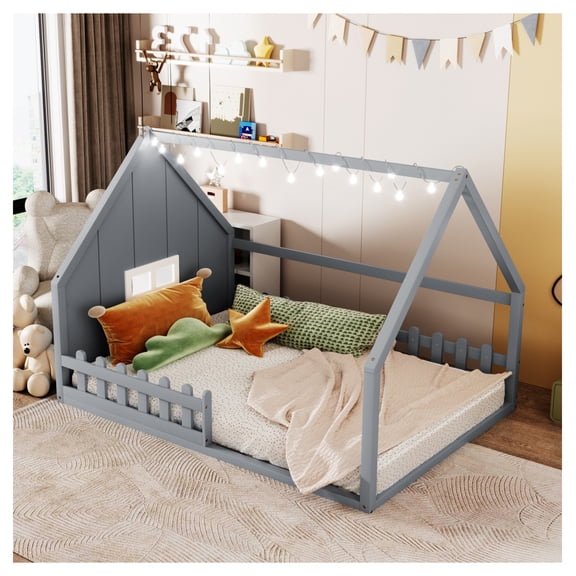 Full Wood House Bed with Window & Fence, Gray, No Box Spring