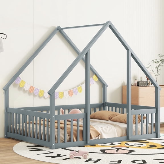 Full Wood House-Shaped Floor Bed with Fence, Guardrails,White