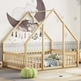 thumbnail image 1 of Full Wood House-Shaped Floor Bed with Fence, Guardrails,White, 1 of 10