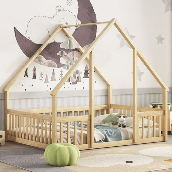 Full Wood House-Shaped Floor Bed with Fence, Guardrails,White