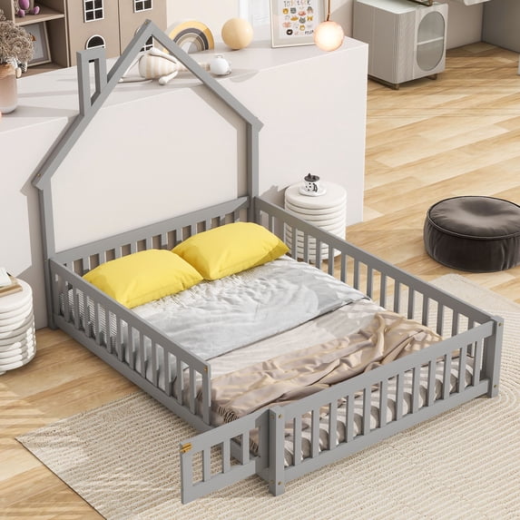 Full Wood House-Shaped Headboard Floor Bed Mattress Foundation with Fence, Bed Frame Storage Bed w/ Wooden Slats for Boy Girl, No Box Spring Needed, Easy Assembly