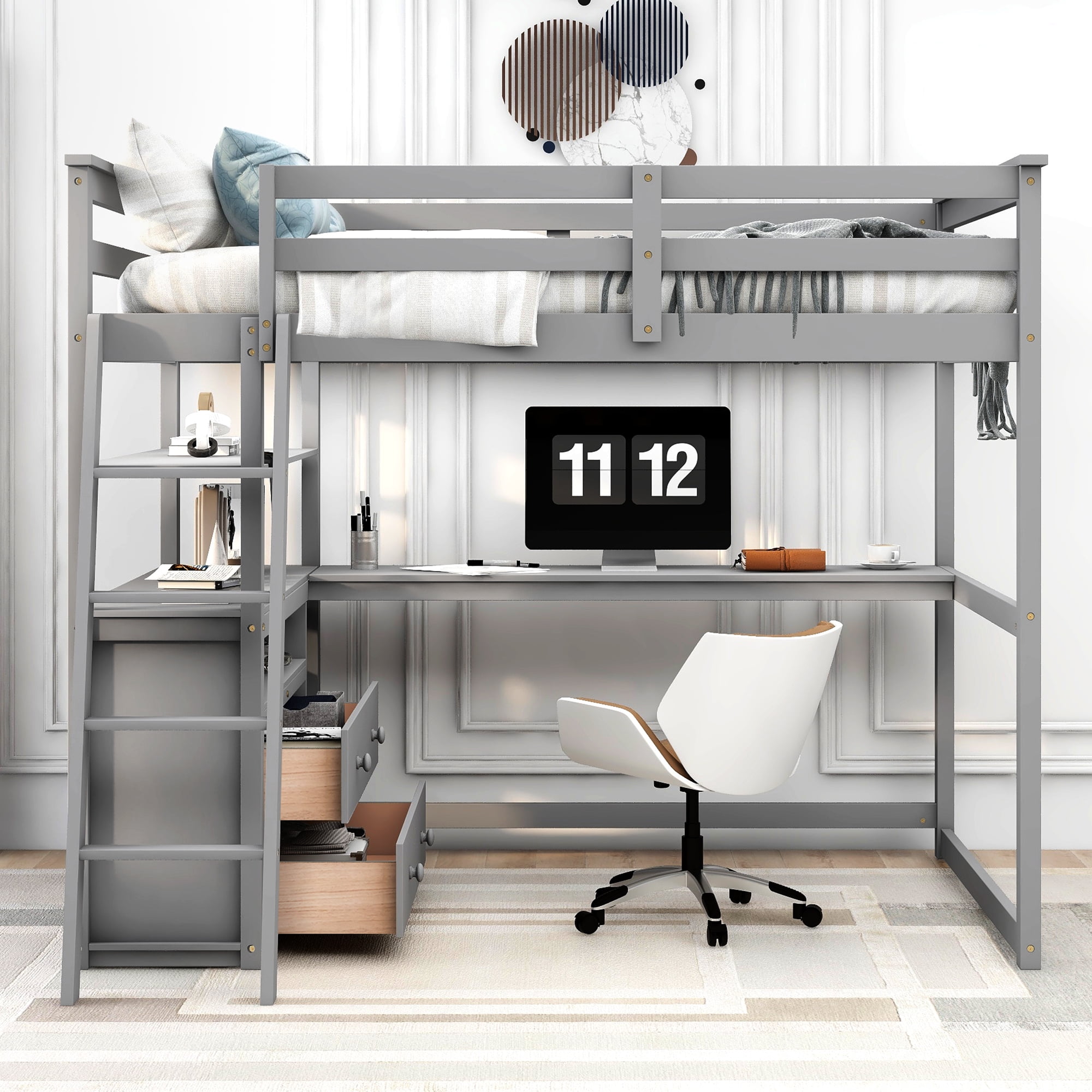 Full Wood Loft Bed with Ladder and Guard Rail, Loft Bed with Desk and ...