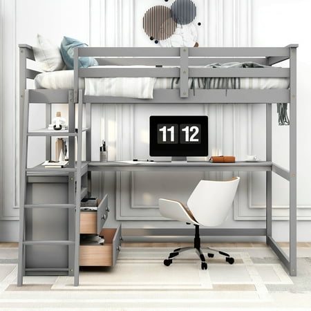 Full Wood Loft Bed with Ladder and Guard Rail, Loft Bed with Desk and Shelves, Two Built-in Drawers, Loft Full Bed for Teenagers, Multiple Functions Bed(Gray)