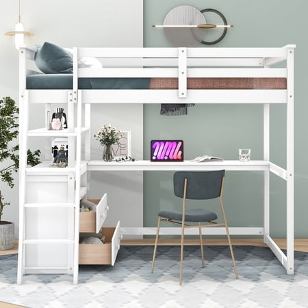 Full Wood Loft Bed with Ladder and Guard Rail, Loft Bed with Desk and Shelves, Two Built-in Drawers, Loft Full Bed for Teenagers, Multiple Functions Bed(White)