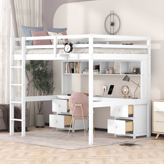 Full Wood Loft Bed with Ladder, Loft Bed with Desk, Cabinets, Drawers and Bedside Tray, Charging Station, Loft Bed with Desk for Teenagers, Multiple Functions Bed, Easy to Assemble (White)