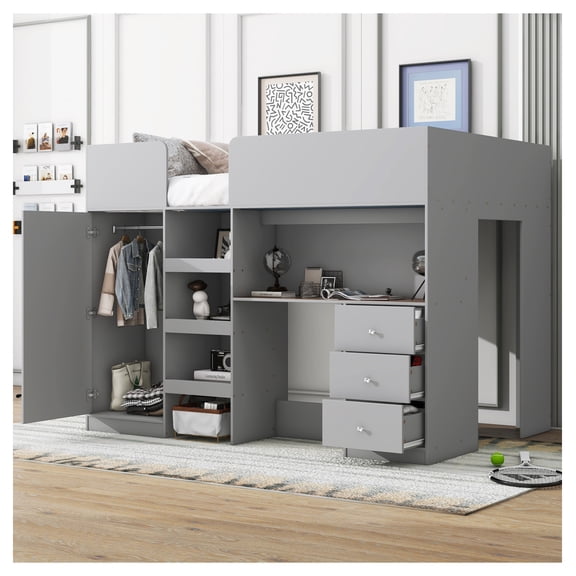 Full Wood Loft Bed with Built-in Wardrobe, Desk, Storage Shelves & Drawers, Gray, Box Spring Not Required