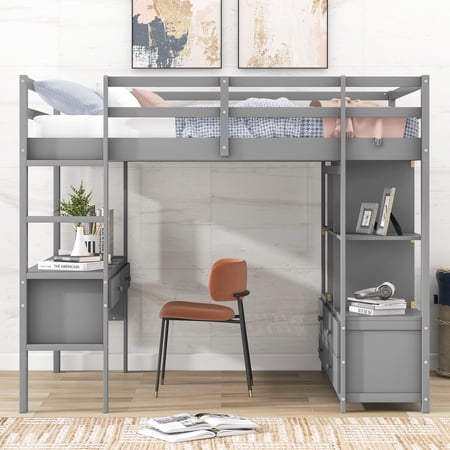 Full Wood Loft Bed with Ladder and Guard Rail, Loft Bed with Storage Shelves and Drawers, Loft Full Bed for Teenagers, Multiple Functions Bed(Gray)