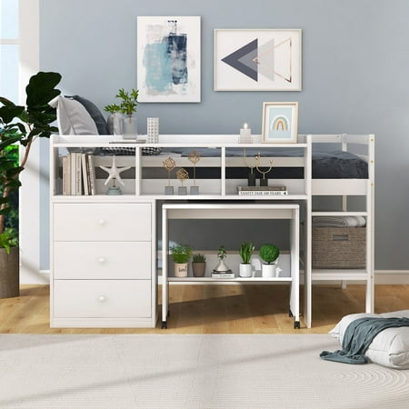 Full Wood Low Loft Bed with Ladder and Guard Rail, Loft Bed with Storage Shelves and Drawer, Loft Twin Bed with Rolling Portable Desk for Teenagers, Multiple Functions Bed(White)