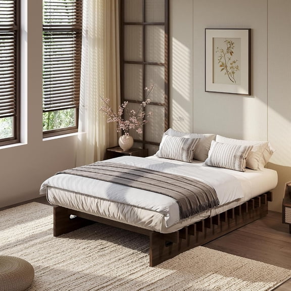 Full Wood Platform Bed Frame, Low Profile Bed Frame Without Headboard, No Box Spring Needed, Noise Free Mortise and Tenon Structure, 800 lbs Support, Walnut