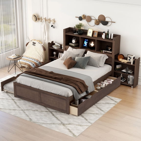Full Wood Platform Bed Mattress Foundation with Pull Out Shelves, Twin Size Trundle and 2 Drawers, Bed Frame Storage Bed w/ Wooden Slats for Boy Girl, No Box Spring Needed