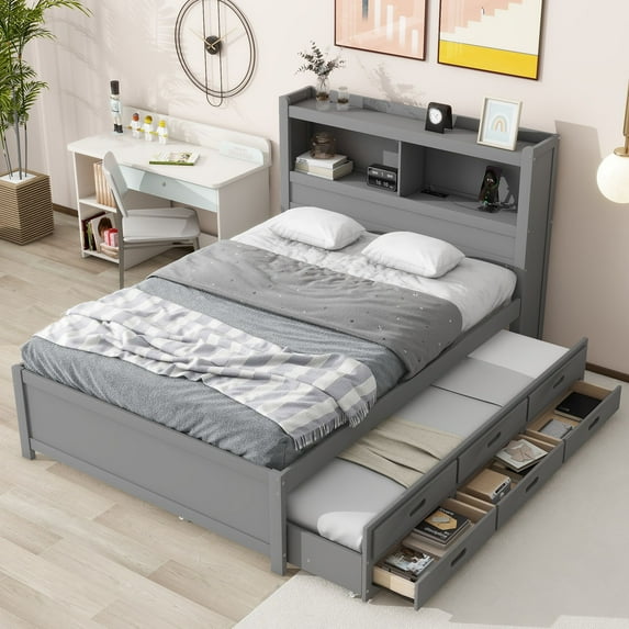 Full Wood Platform Bed Mattress Foundation with Trundle, Drawers and USB Plugs, Bed Frame Storage Bed w/ Wooden Slats for Boy Girl, No Box Spring Needed, Easy Assembly