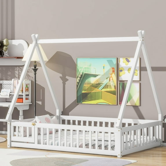 Full Wood Tent-shaped Floor Bed Mattress Foundation with Guardrails, Slats, Door, Bed Frame Storage Bed w/ Wooden Slats for Boy Girl, No Box Spring Needed, Easy Assembly