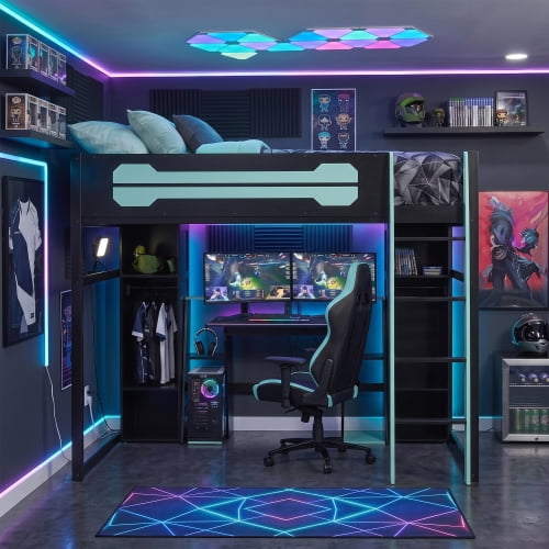 Full Wooden Gaming Loft Bed with Desk, Storage & Wardrobe, RGB LED Lights & USB Charging Station, Space-Saving Frame, Blue