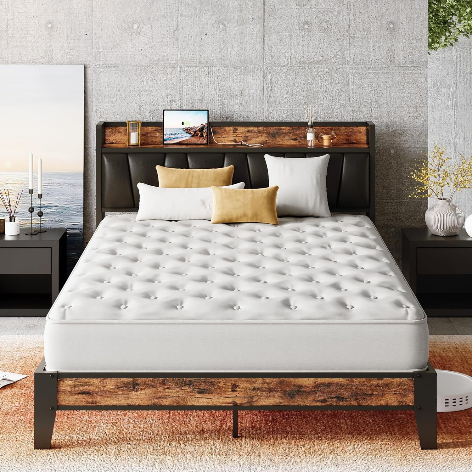 Full XL Bed Frame, Storage Headboard with Charging Station, Solid and ...