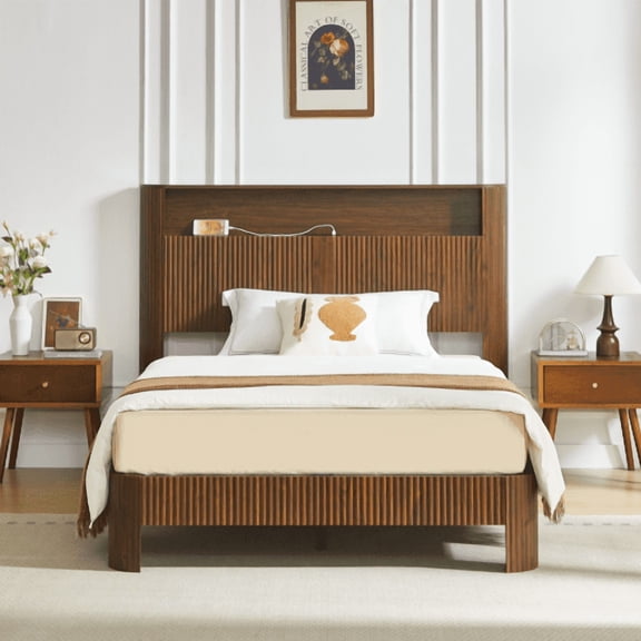 Full XL Bed Frame with Storage Headboard & Built-in Charging Station - Modern Wavy Design, Silent Metal Support, Walnut Finish, Farmhouse Bed