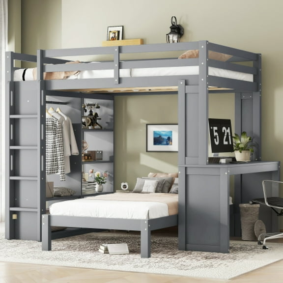 Full XL/Full over Twin Bunk Bed with Dismountable Lower Bed and Desk, Solid Wood Bunk Beds Frame with Built-in Shelves and Wardrobe, Can be Converted into Loft Bed, Grey