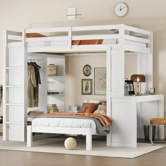 Full XL/Full over Twin Bunk Bed with Dismountable Lower Bed and Desk, Solid Wood Bunk Beds Frame with Built-in Shelves and Wardrobe, Can be Converted into Loft Bed, White