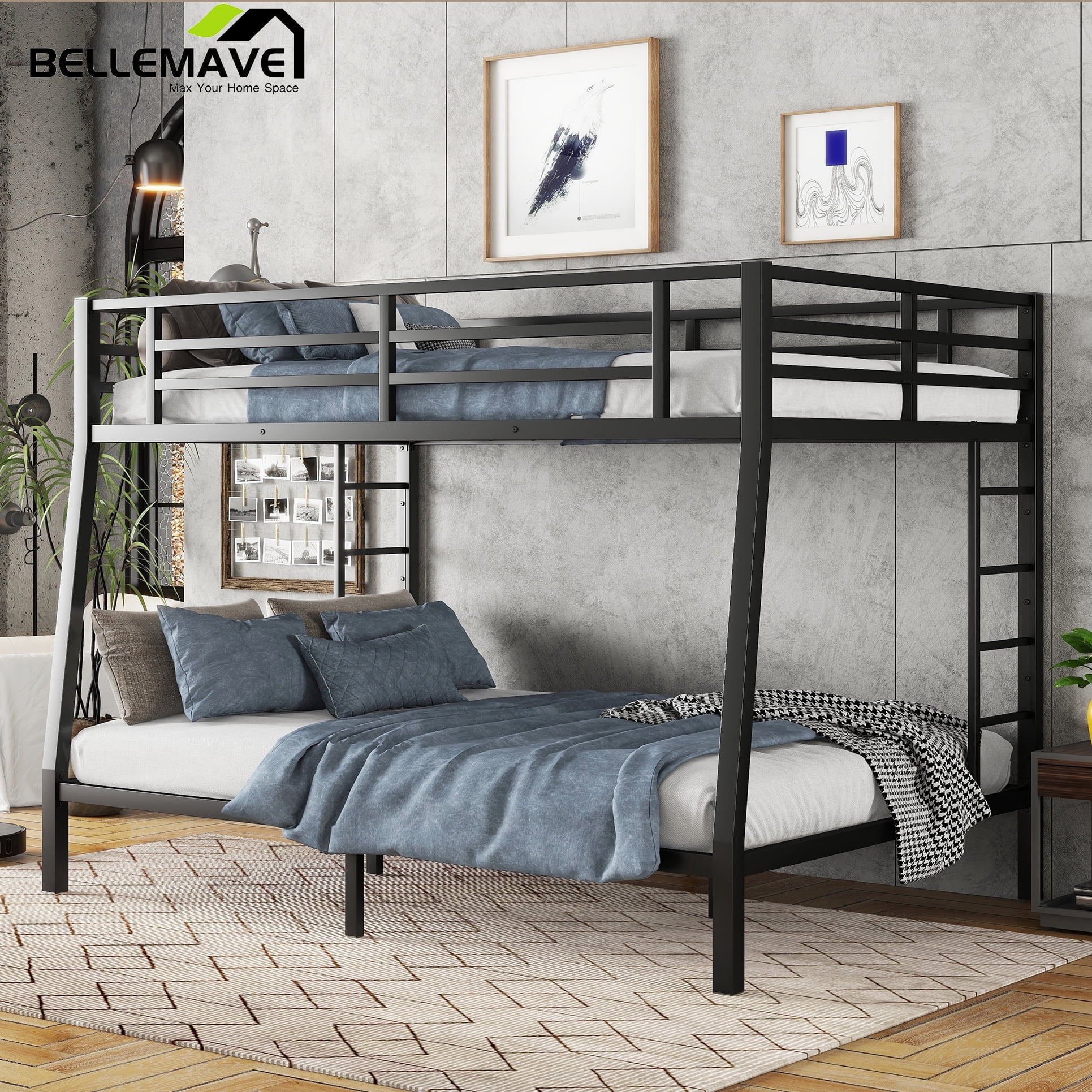Full XL Over Queen Bunk Bed Frame Heavy Duty Metal Bunk Beds with with 2 Side Ladders Industrial Style Bunk Bed Full XL Over Queen for Kids and