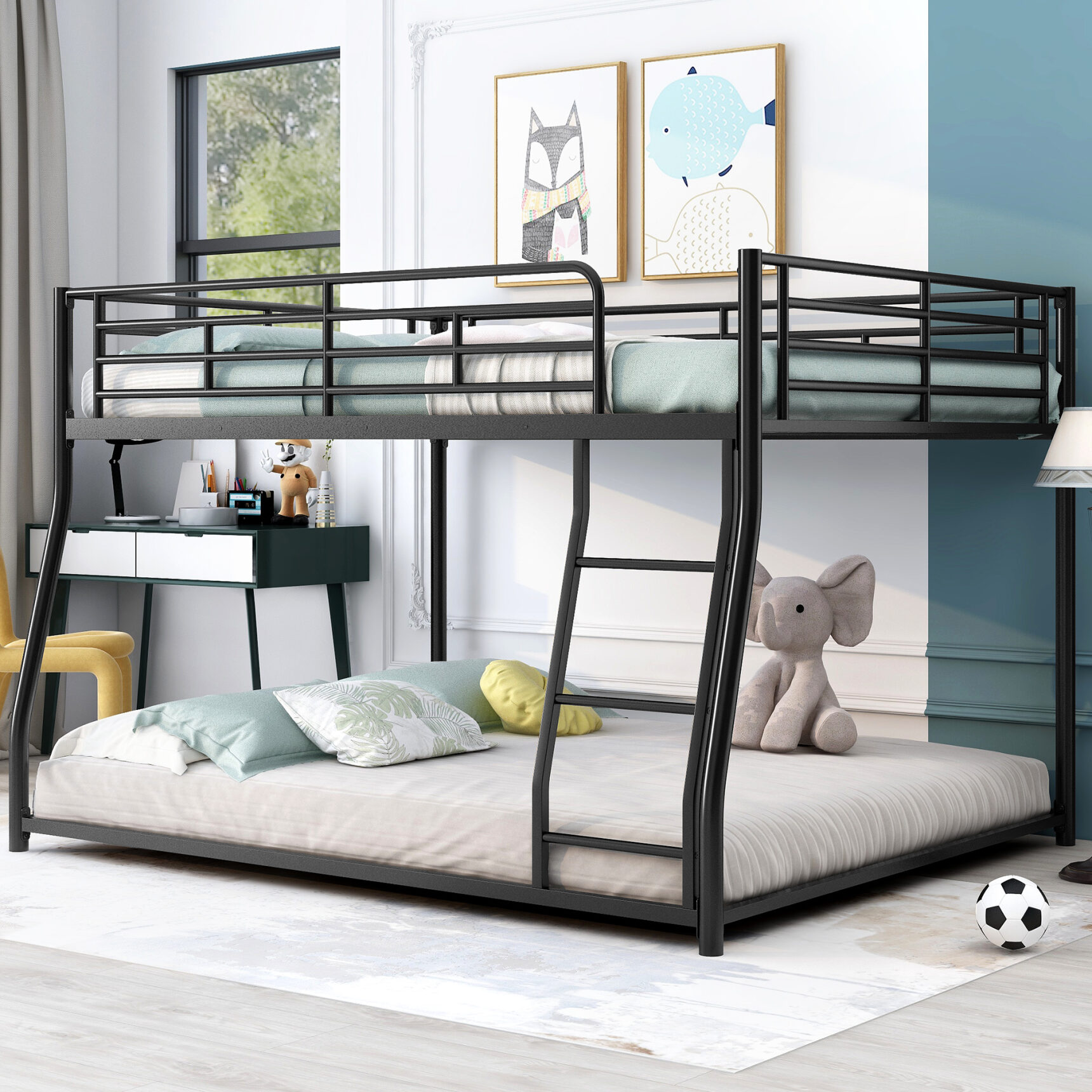 Full XL Over Queen Bunk Bed, Heavy Duty Metal Floor Bunk Bed Frame with