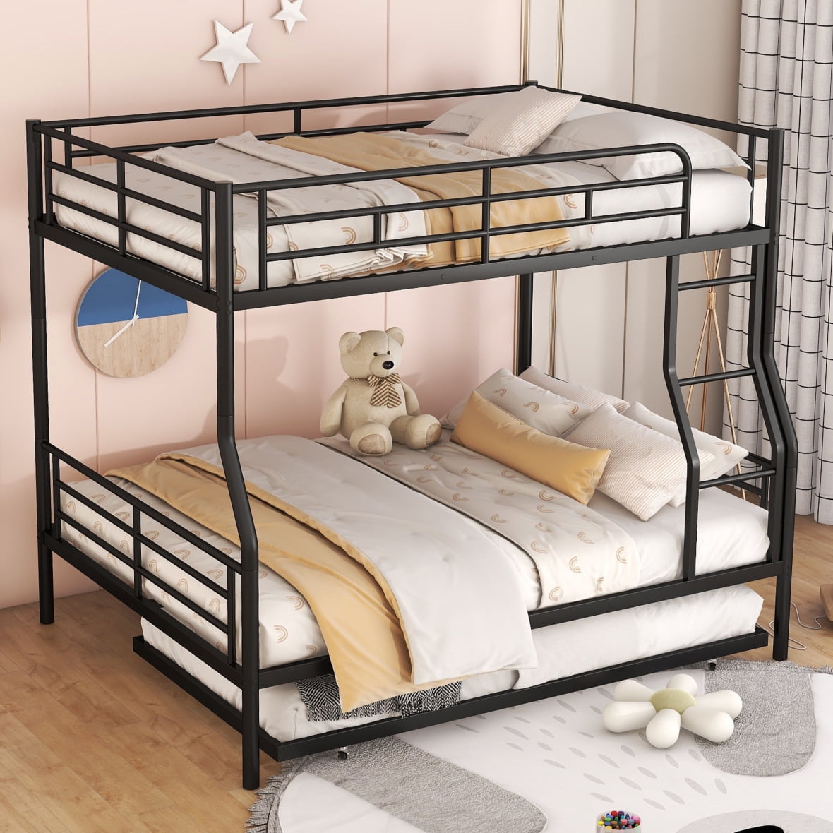 Full XL Over Queen Bunk Bed with Trundle Metal Bunk Bed Frame with Safety Guardrail and Ladder Space Saving Triple Bunk Bed for Teen Adults No Box Spring Needed Noise Free