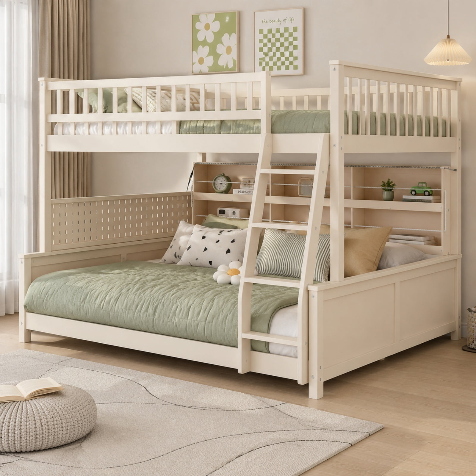 Full XL Over Queen Bunk Bed, Wood Bunk Bed with Integrated Shelving, Color-Changing Lights and Pegboard for Kids Teens Adults, Space Saving Design