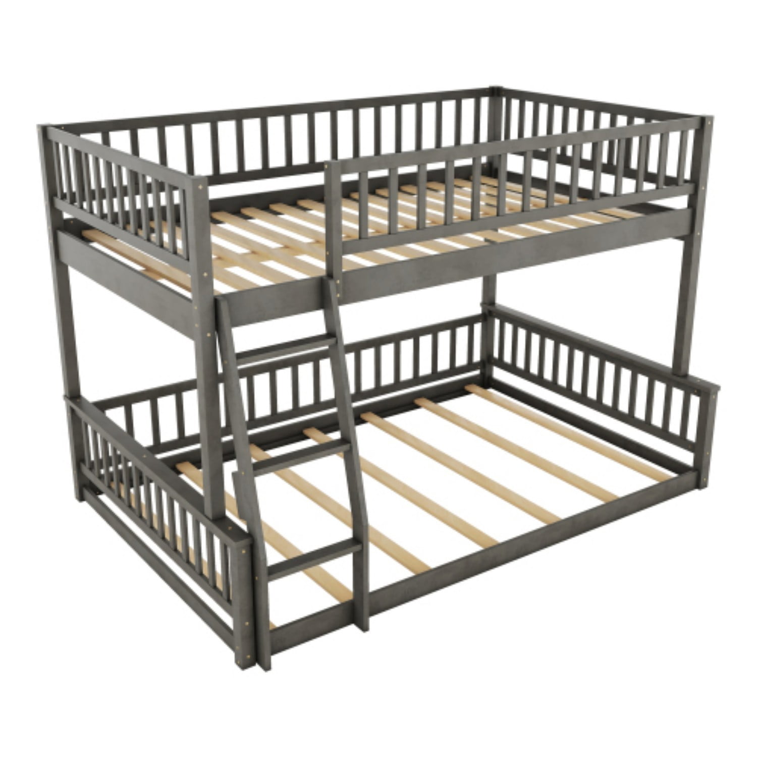 Full XL Over Queen Bunk Bed with Ladder, Convertible Wood Bunk Bed Frame with Safety Guardrails, Solid Pine Wood Space Saving Bed for Bedroom, Gray