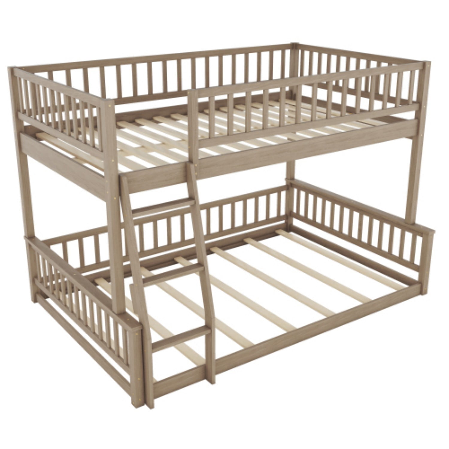 Full XL Over Queen Bunk Bed with Ladder, Convertible Wood Bunk Bed Frame with Safety Guardrails, Solid Pine Wood Space Saving Bed for Bedroom, Walnut