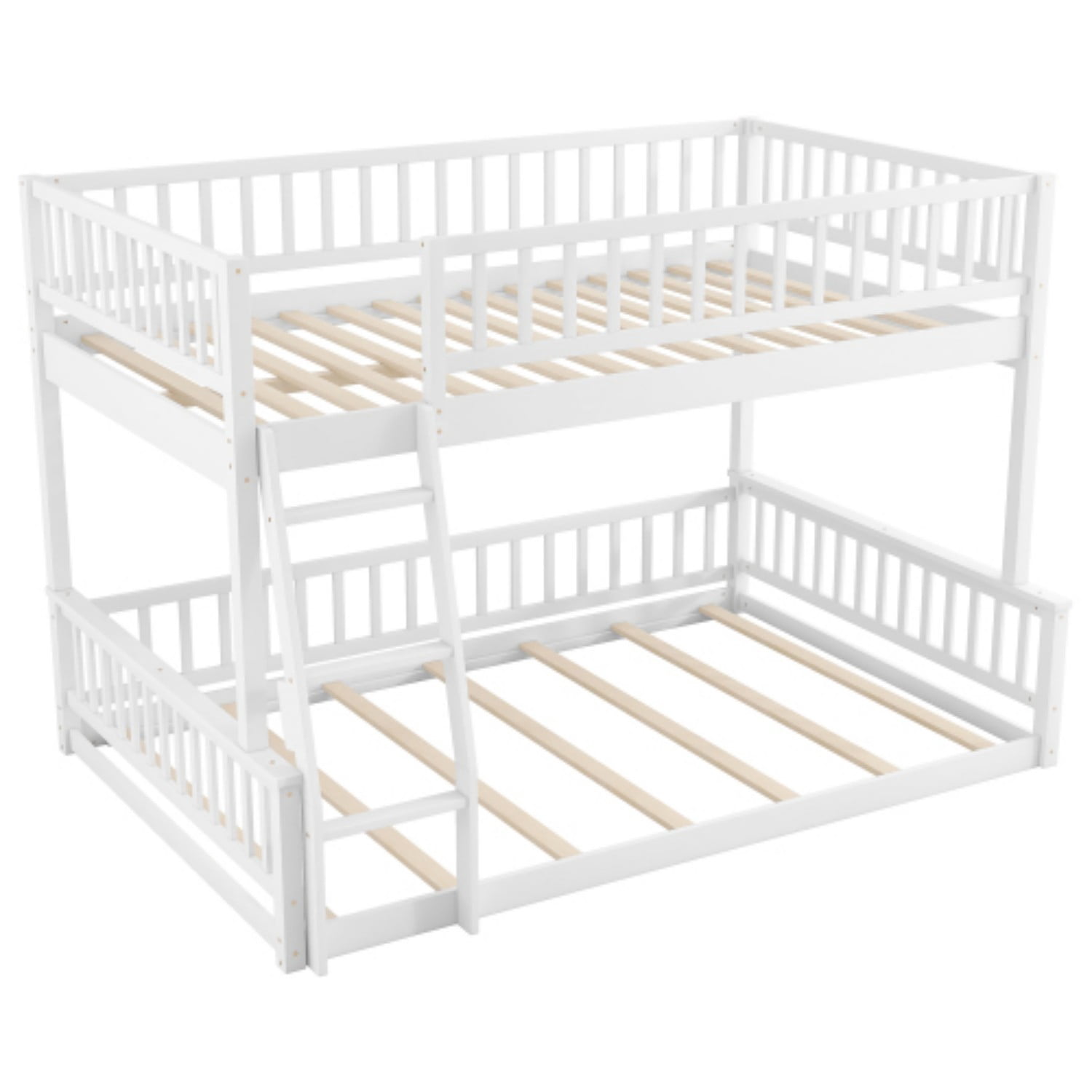 Full XL Over Queen Bunk Bed with Ladder, Convertible Wood Bunk Bed Frame with Safety Guardrails, Solid Pine Wood Space Saving Bed for Bedroom, White