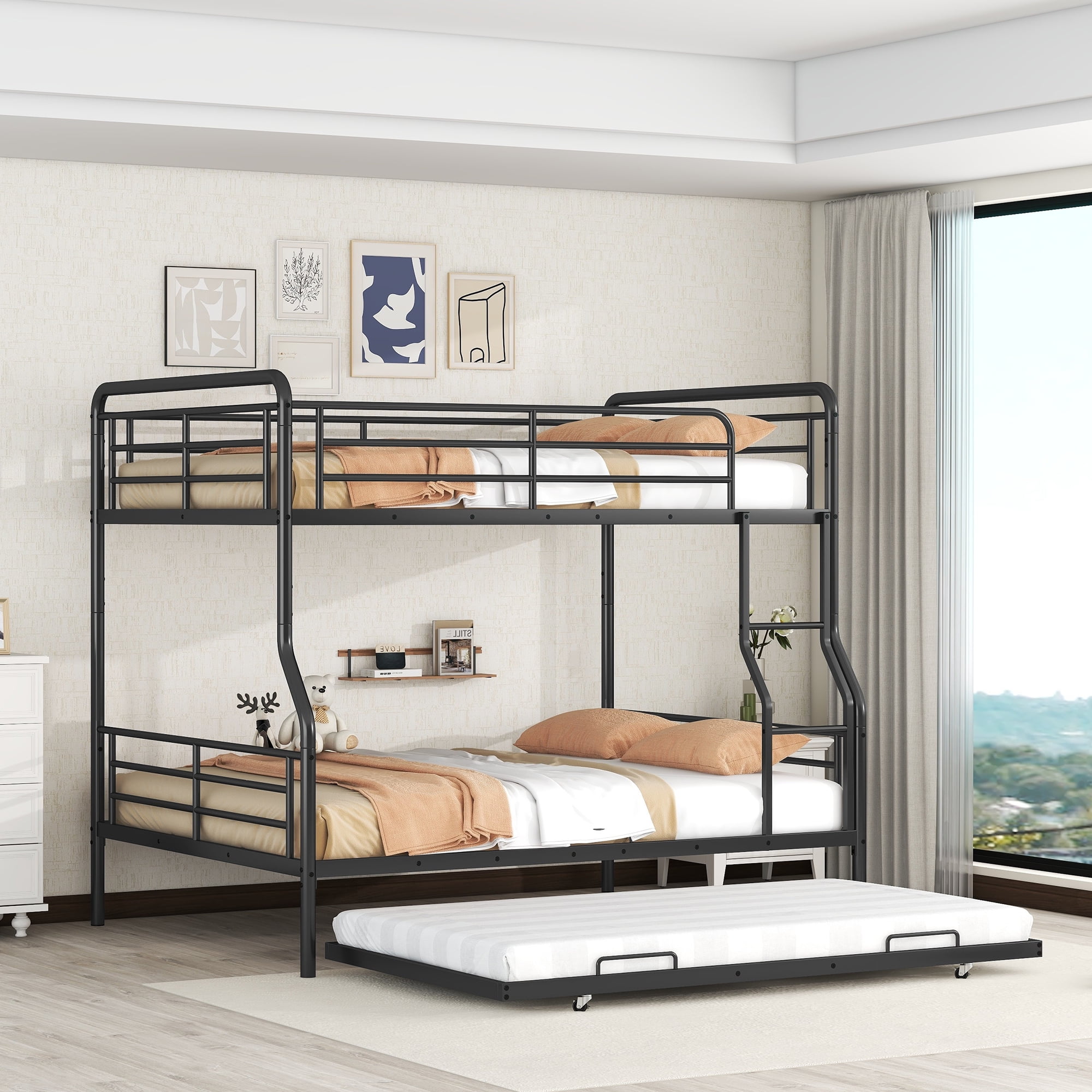 Full XL Over Queen Bunk Bed with Trundle,Heavy Duty Metal Bed Frame Sturdy Guard Rail for Kids/Adults,Can be Divided Into Two Beds,Black