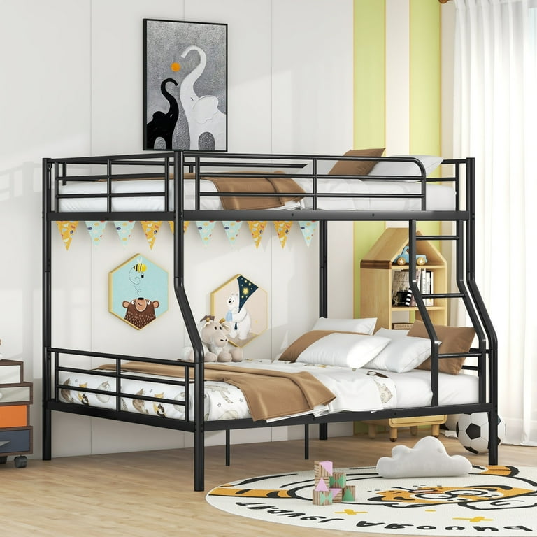Full XL Over Queen Metal Bunk Bed with Full Length Gridded Guardrails Modern Double Decker Bed with Iron Crafted Frame Save Space or Split Into 2 Beds Easy Assembly for Bedroom Black Walmart