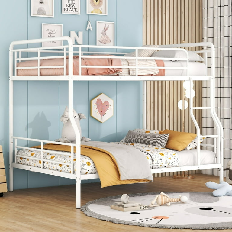 Full XL Over Queen Metal Bunk Bed Metal Frame with Ladder and Guardrail for Kids Teens Adults No Box Spring Required White Walmart