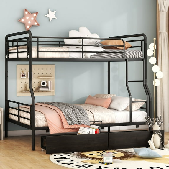 Full XL Over Queen Metal Bunk Bed with 2 Drawers, Slatted Convertible Bed Frame with Ladder, No Box Spring Needed