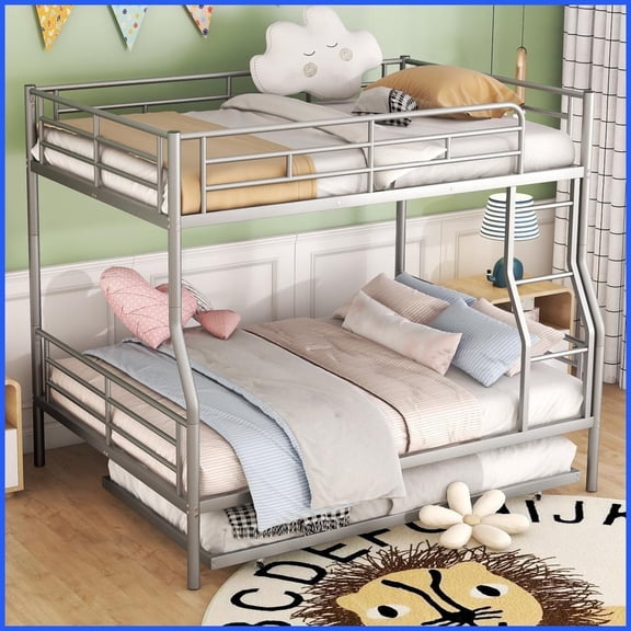 Full XL Over Queen Metal Bunk Bed with Trundle Silver Space-Saving for Shared Rooms