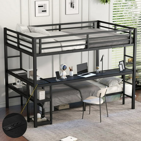 Full XL Over Twin Bunk Bed with Desk, LED Light, USB Charging Station & Storage Shelf  Space-Saving Design