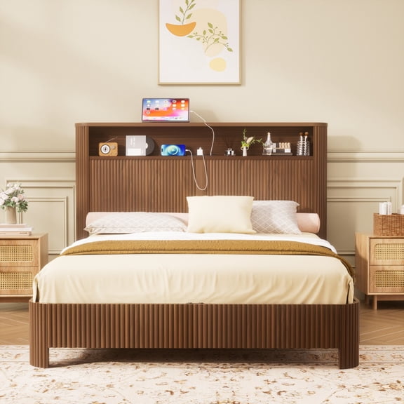 Full XL / Queen Bed Frame with Storage Headboard & USB AC Charging Ports, Vertical Fluted MDF Platform Bed, Noise Resistant Design, No Box Spring Needed, Natural & Walnut Finish Options