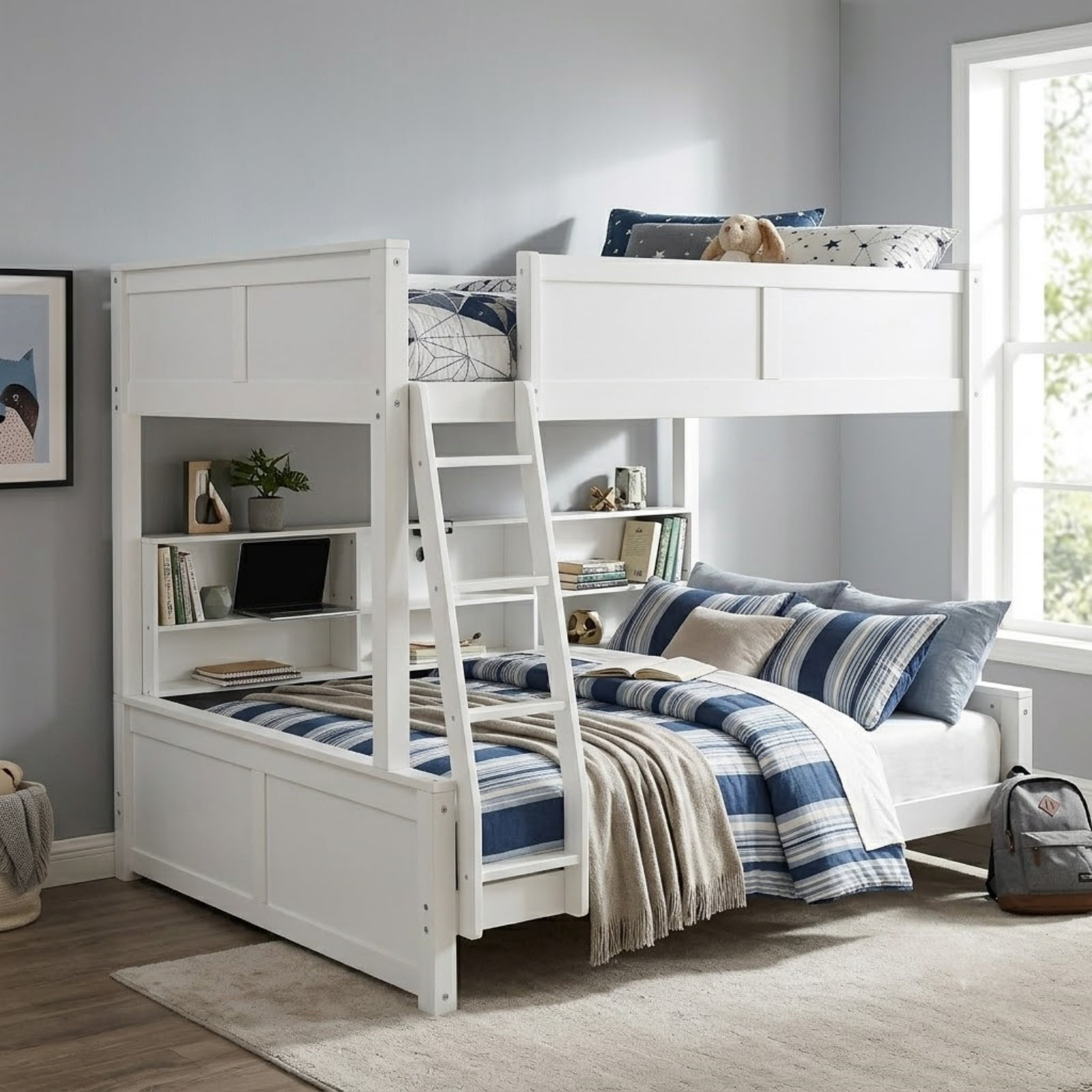Full XL over Queen Bunk Bed with 6 Storage Cabinets on the Side, USB Ports & Outlets – Solid Pine & MDF Bed Frame with Guard Rails, No Box Spring Needed, Space-Saving Design