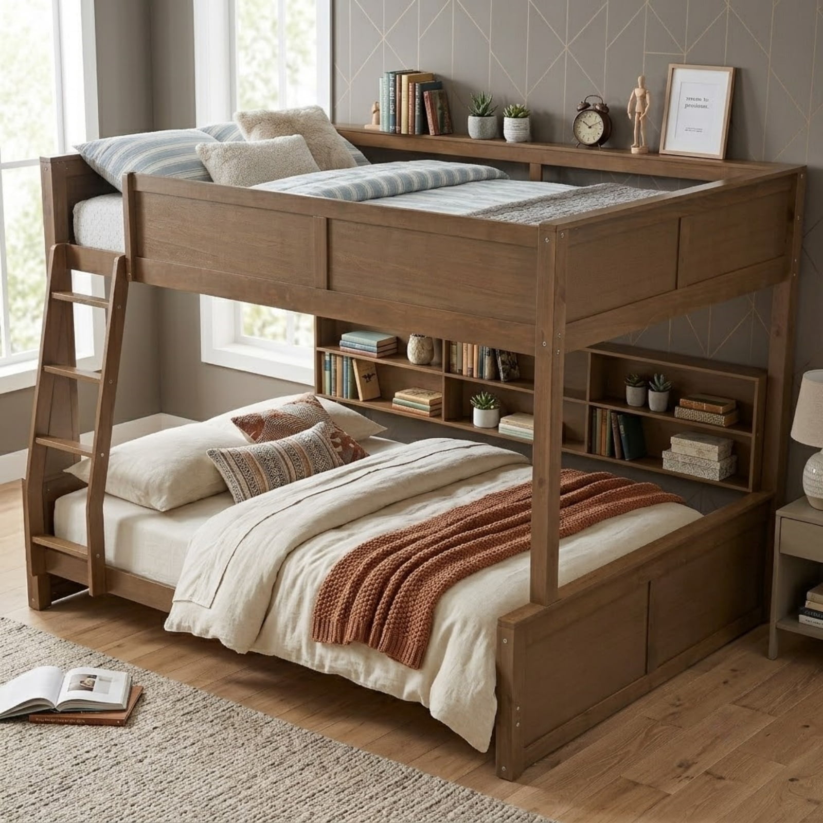 Full XL over Queen Bunk Bed with 6 Storage Cabinets on the Side, USB Ports & Outlets – Solid Pine & MDF Bed Frame with Guard Rails, No Box Spring Needed, Space-Saving Design