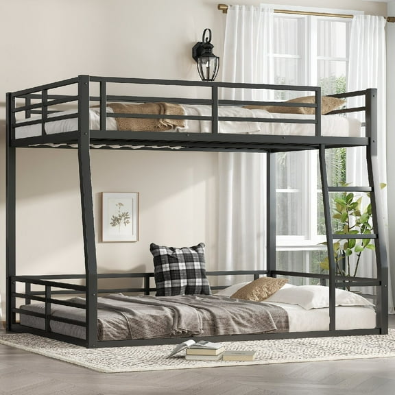 Full XL over Queen Bunk Bed Frame with Safety Guard Rails and Ladder, Metal Bunk Beds Frame for Teens and Adults,Space-Saving, No Box Spring Needed, Noise Reduced, Mattress Not Included, Black