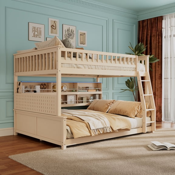 Full XL over Queen Bunk Bed with LED Lights and Storage Shelves, Convertible 2-in-1 Solid Wood Adult Bunk Bed with Angled Ladder and Full-Length Guardrails, Beige