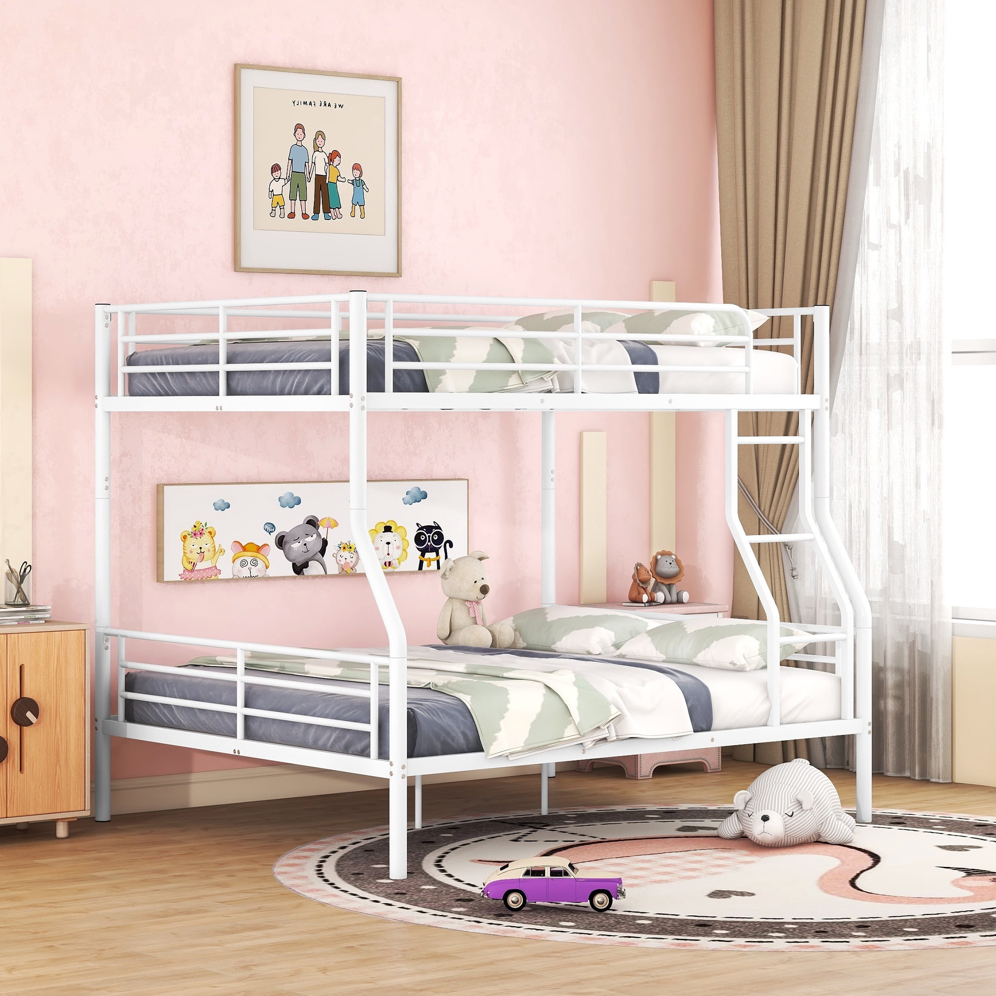 Full XL Over Queen Bunk Beds for Adults,Heavy-Duty Metal Bunk Bed Frame with Non-Slip Ladder and Safety Full-Length Guardrails for Kids Teens Adults,Space-Saving,White