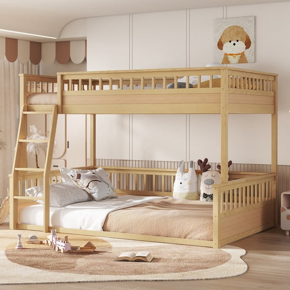 Full XL over Queen Floor Bunk Bed, 2-in-1 Wooden Bunk Bed Frame with Ladder & Guardrail, Convertible to 2 Separated Beds for Teens Bedroom, Easy Assembly, Natural