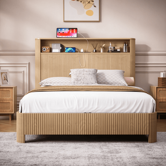 Full XL Size Bed Frame with Storage Headboard Modern Design, Built-in Charging Station 4 Outlets Wavy Curved Headboard for Bedroom, Natural