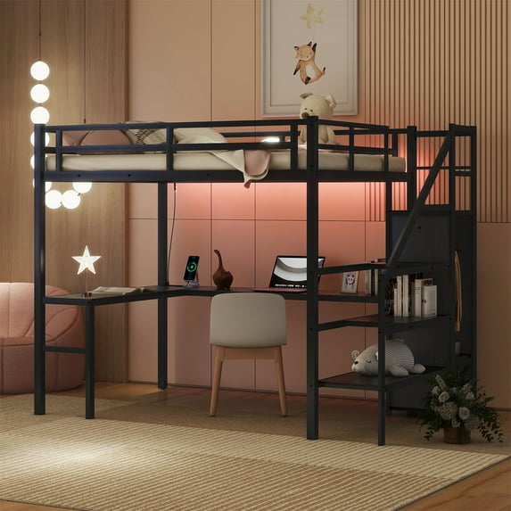 Full XL Size Loft Bed with L-shaped Desk and USB, Metal Loft Bed Frame with Wardrobe and Adjustable Shelf, High Loft Bed with LED for Teens Adults, No Box Spring Needed, Black