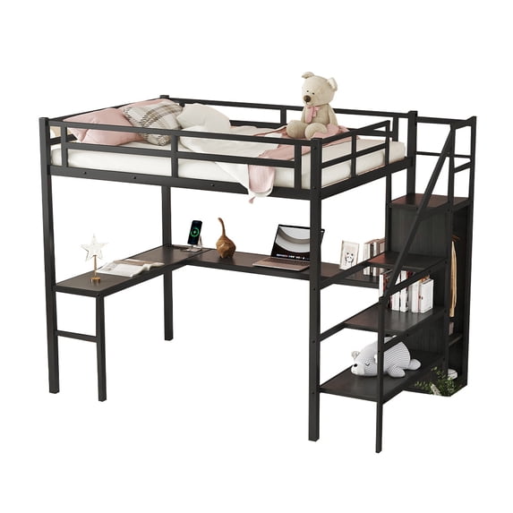 Full XL Size Loft Bed Metal Loft Bed With L Shaped Desk Stairs Wardrobe Heavy Duty Loft Bed Frame With Shelf LED Lights