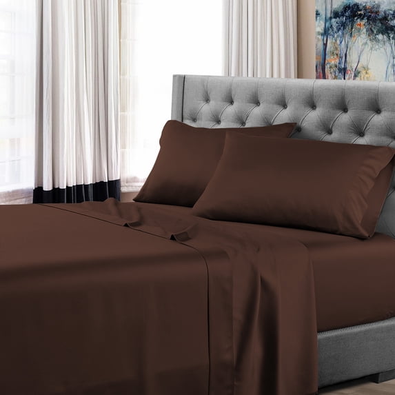 Full XL Size Luxury Extrasoft Giza Cotton 4 Piece Sheets Set in Hotel Quality Chocolate Solid 15 Inch Deep Pocket
