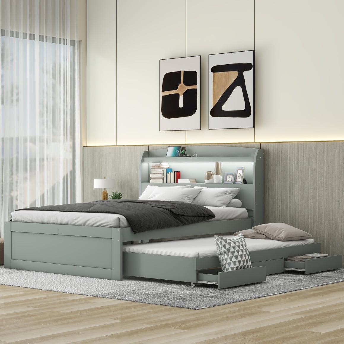 Full XL Size Platform Bed with LED Light, Charging Station and Storage ...