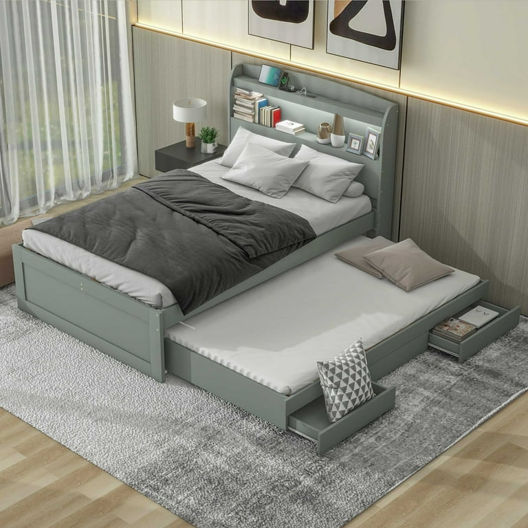 Full XL Solid Wood Bed with Trundle 2 Drawers Bookshelf LED Lights Charging Station Gray Walmart