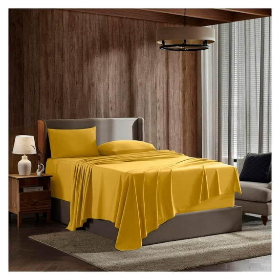 Full XL Size Sheet Sets - 4 Piece Full XL Size Sheets, Deep Pocket, Hotel Luxury, Extra Soft, Breathable and Cooling, Yellow Bed Sheets for Full XL Size Mattress