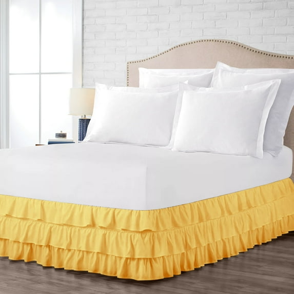 Full XL Size Tailored Drop Multi Ruffled Solid Bed Skirt with Adjustable Elastic Belt Microfiber Fabric Fade & Wrinkle Resistant Bed Frame Cover Easy to Fit & Care (9 Inch Drop, Golden)