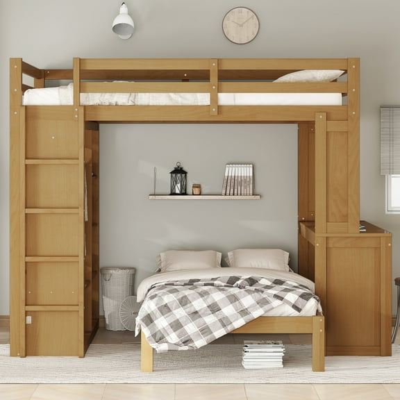 Full XL over Twin Bunk Bed with Desk, Convertible Loft Bed with Wardrobe & Shelves, Solid Wood Frame, Dismountable Lower Bed, Space-Saving Design,Natural